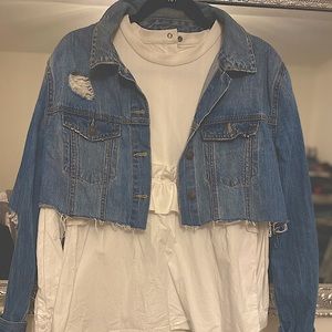 Cropped distressed denim jacket